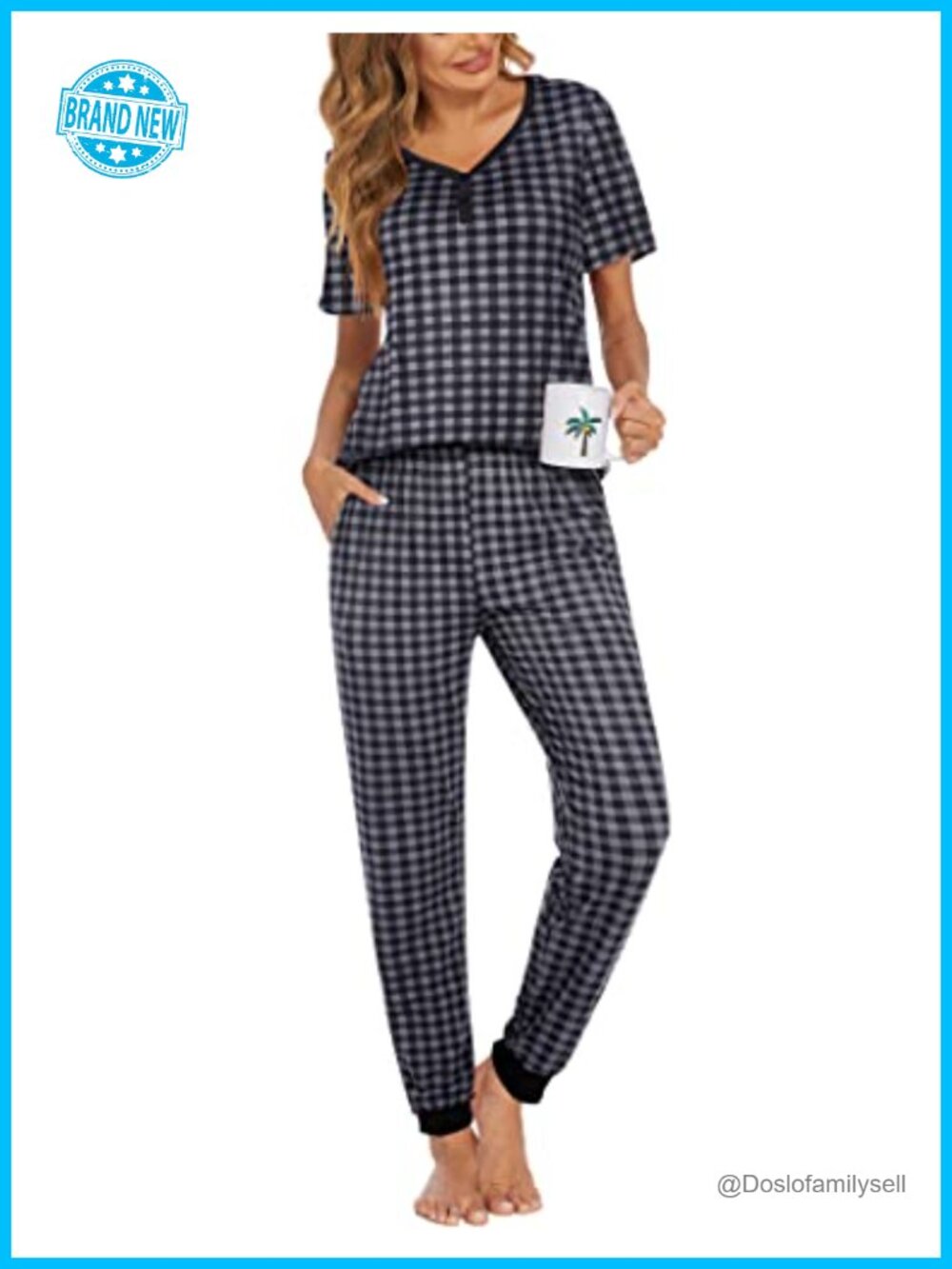 Ekouaer Women's 2-Piece Pajama Set Short Sleeve V-Neck Button Top Jogger Pants